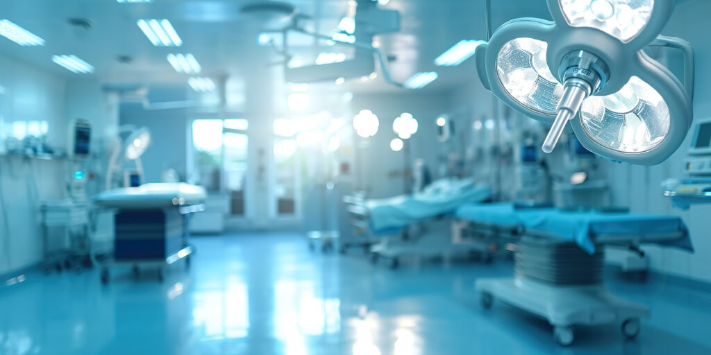 Background image of a hospital room with patient beds and lights for surgical error lawyer